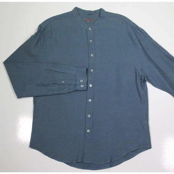John Varvatos Aqua Twill Collarless Banded Collar Linen Button-Up Shirt~ S - Picture 2 of 7